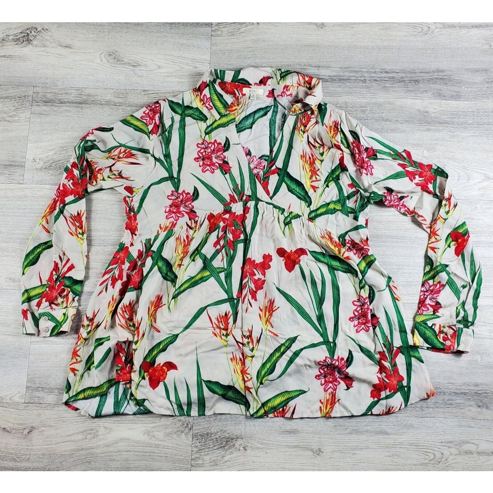 Kori America White Floral V Neck Long Sleeve Blouse Sz M Very Nice! Cotton